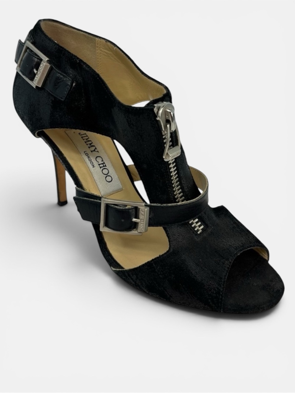 Jimmy Choo Max Was Zipper Sandal Bootie Black Waxed Suede Women's US 6 EU 37